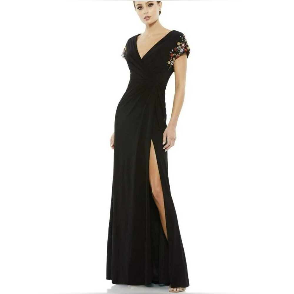 Mac Duggal Black Embellished Cap-Sleeve V-Neck Maxi Dress